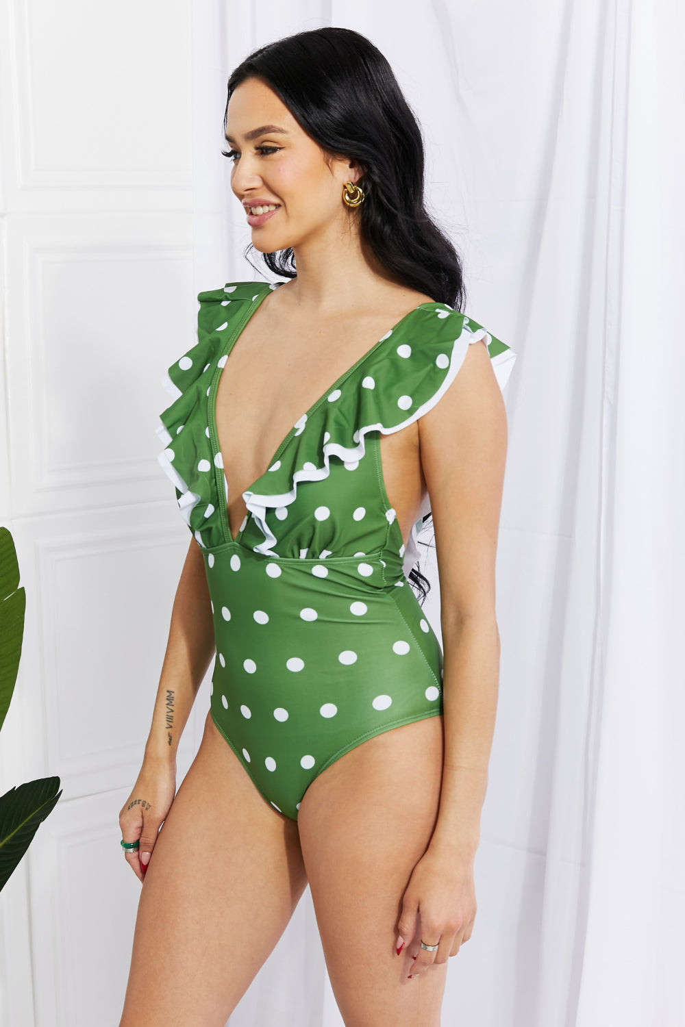 Marina West Swim Moonlit Dip Ruffle Plunge Swimsuit in Mid Green-Jewearrings