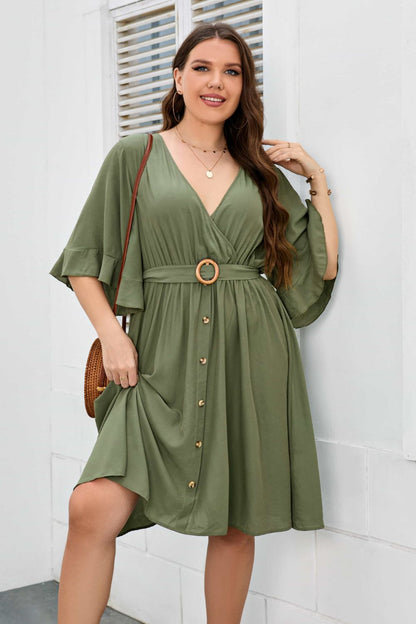 Plus Size Surplice Neck Half Sleeve Dress-Jewearrings