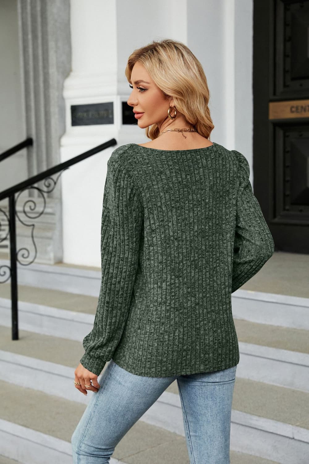 Ribbed Square Neck Long Sleeve T-Shirt-Jewearrings