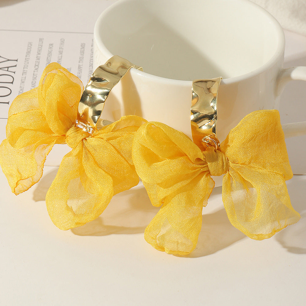 Gentle Temperament Fabric Yarn Bow Earrings-Jewearrings