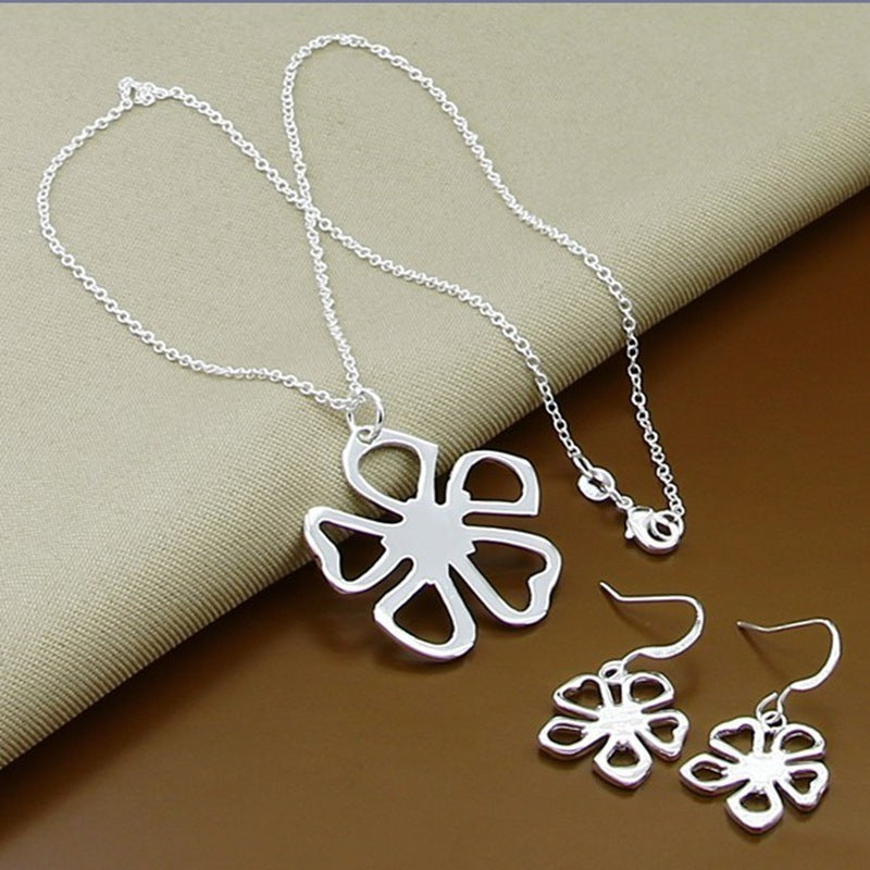 Silver Plated Five Leaf Flower Necklace Earrings Set-Jewearrings