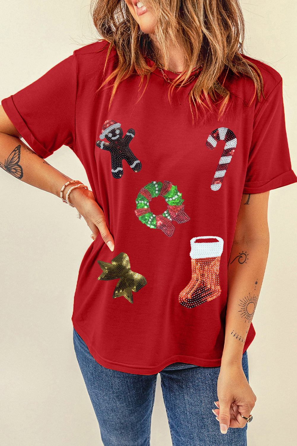 Sequin Christmas Element Short Sleeve T-Shirt-Jewearrings