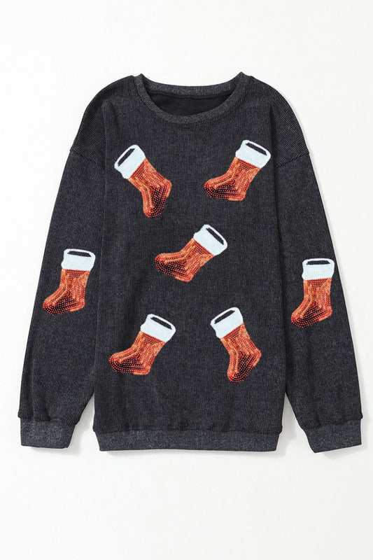 Sequin Christmas Boot Round Neck Sweatshirt-Jewearrings