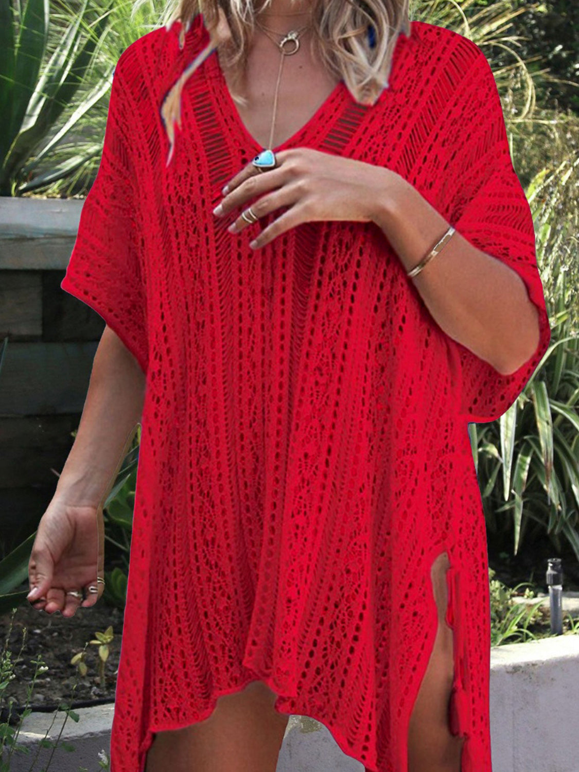 Cutout V-Neck Cover-Up with Tassel-Jewearrings