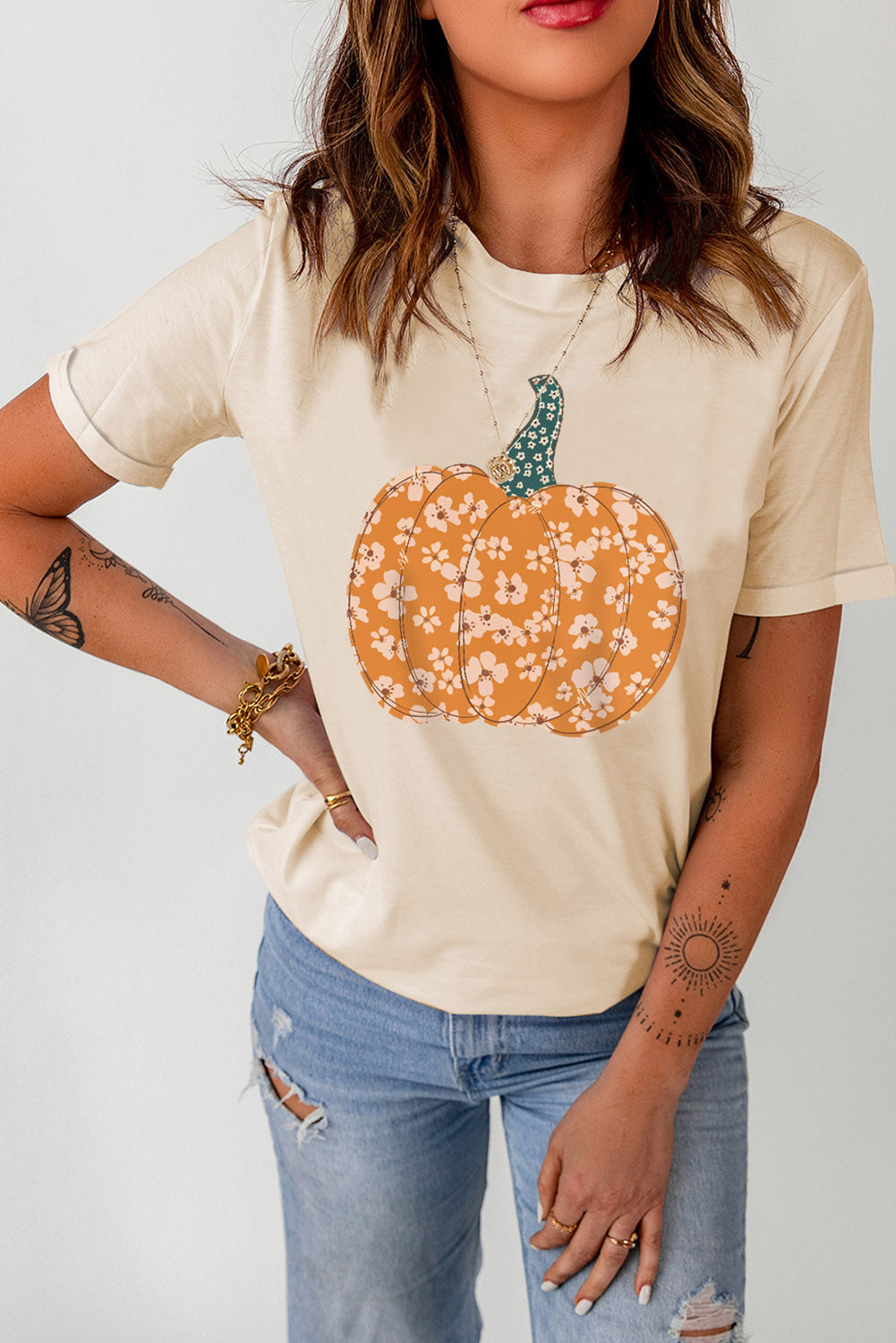 Pumpkin Graphic Round Neck Cuffed T-Shirt-Jewearrings