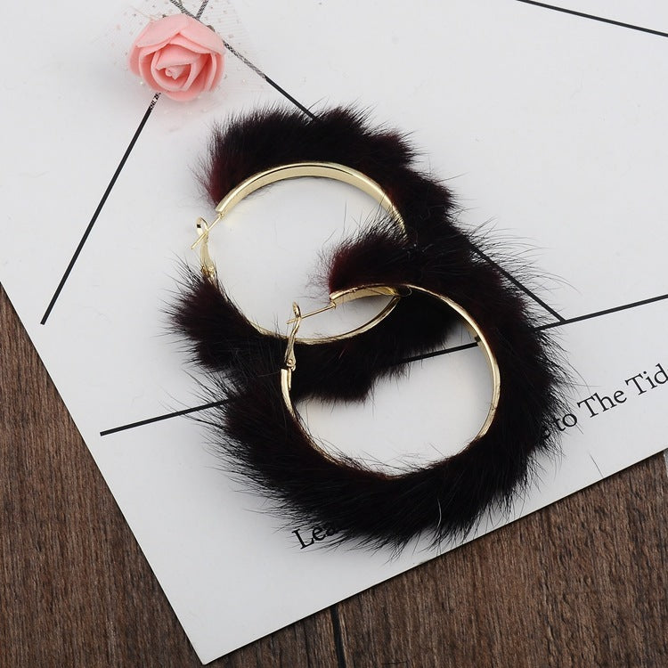 Mink Fur Large Circle Round Ear Hoop Earrings-Jewearrings