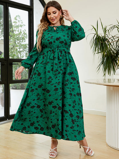 Plus Size Printed Long Sleeve Tie Neck Dress-Jewearrings