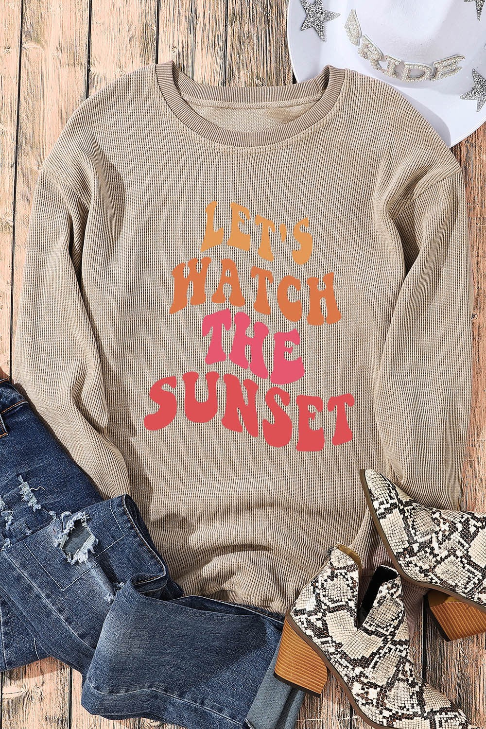 LET'S WATCH THE SUNSET Ribbed Round Neck Sweatshirt-Jewearrings