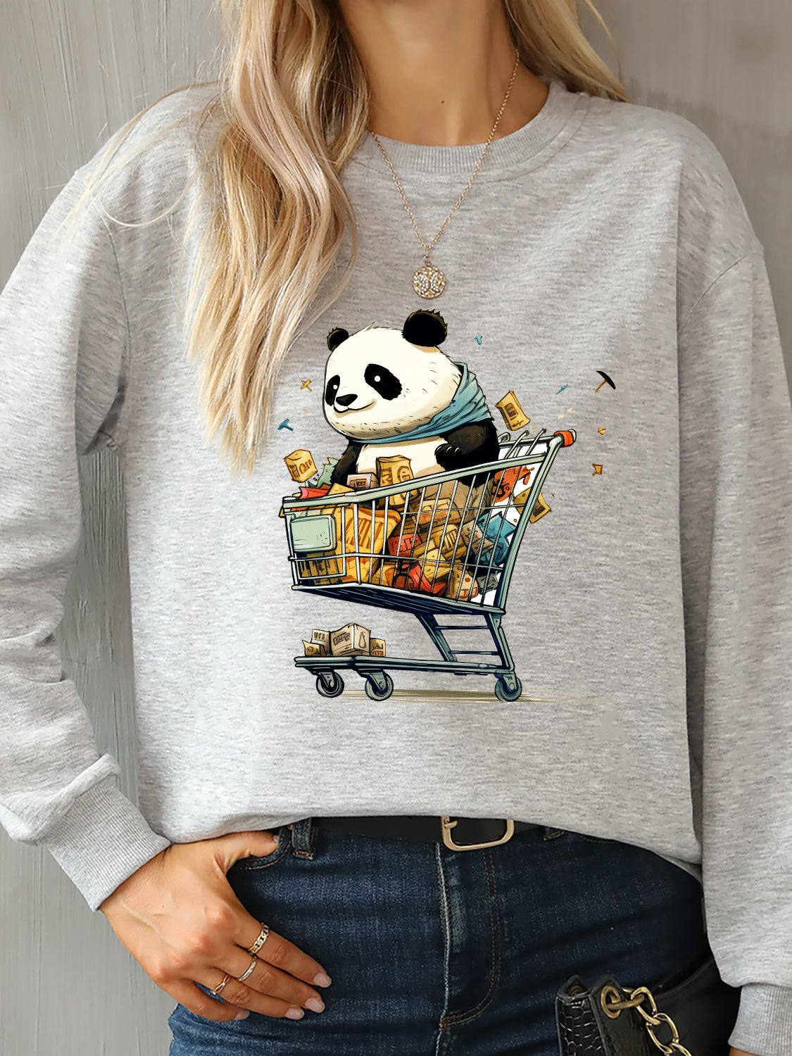 Panda Round Neck Dropped Shoulder Sweatshirt-Jewearrings