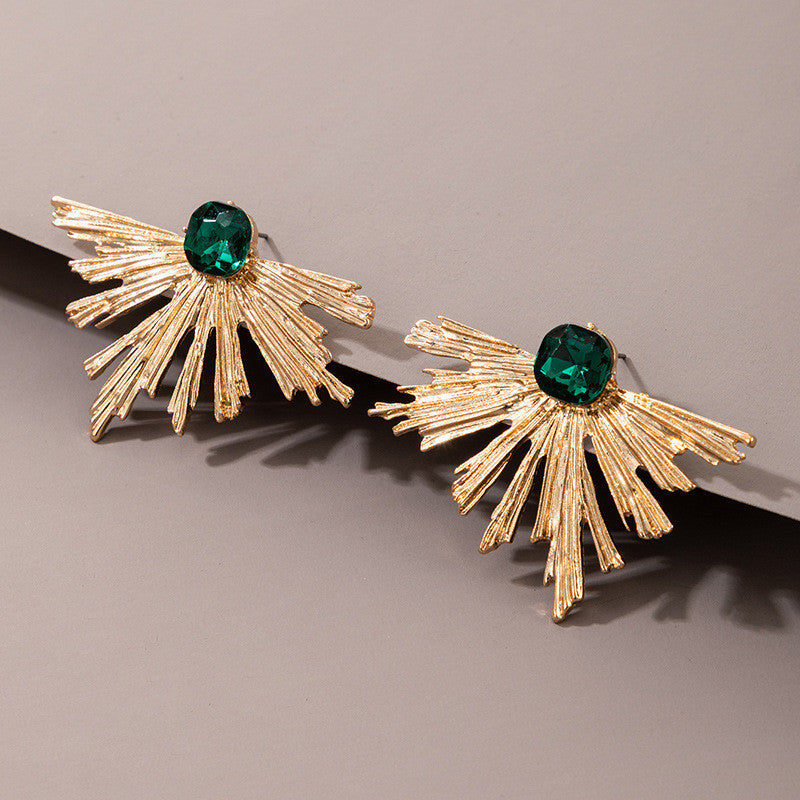 Irregular Semicircle Fan-shaped Emerald Ins Wind Alloy Earrings-Jewearrings