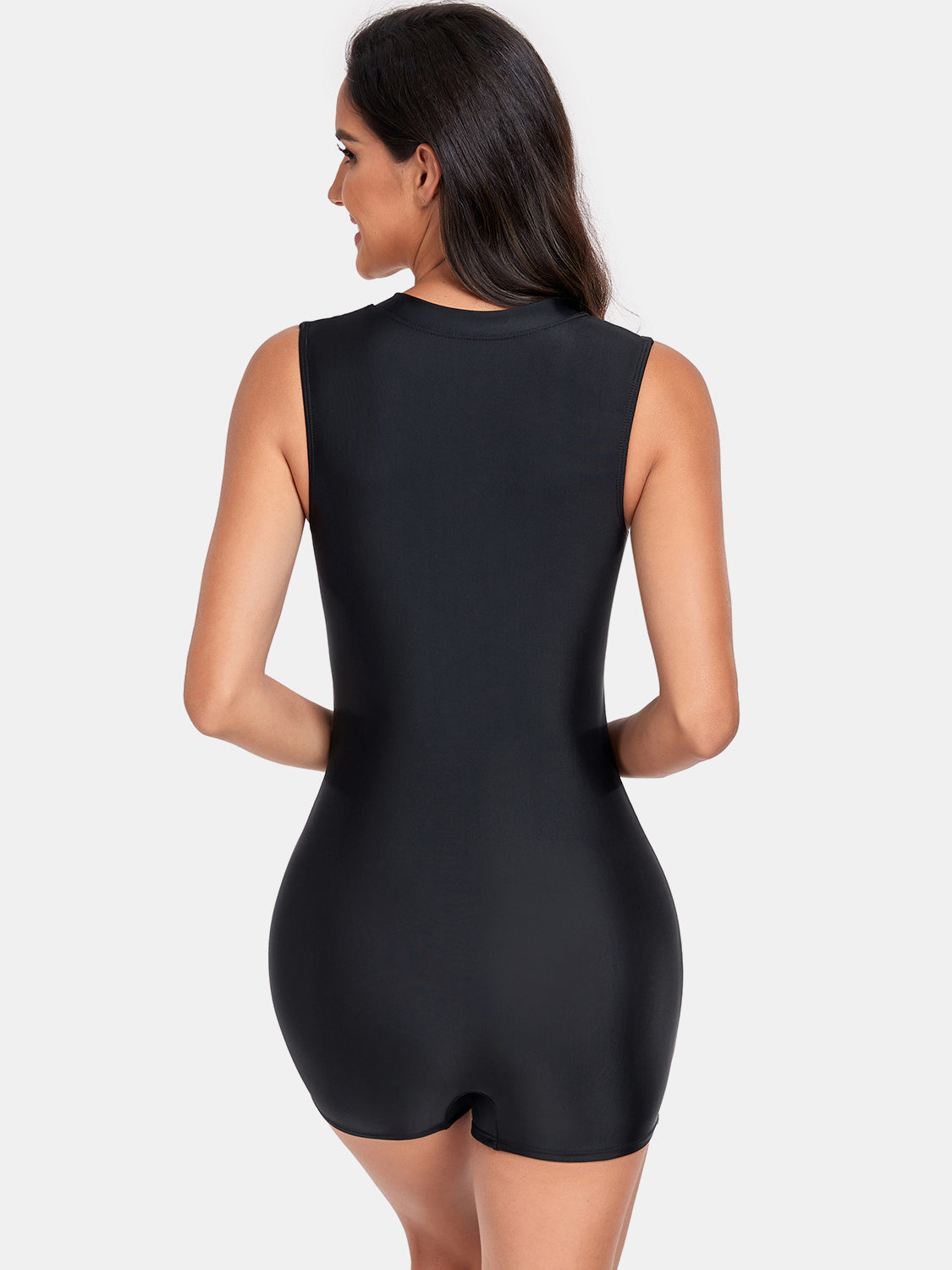 Zip Up Round Neck Sleeveless One-Piece Swimwear-Jewearrings