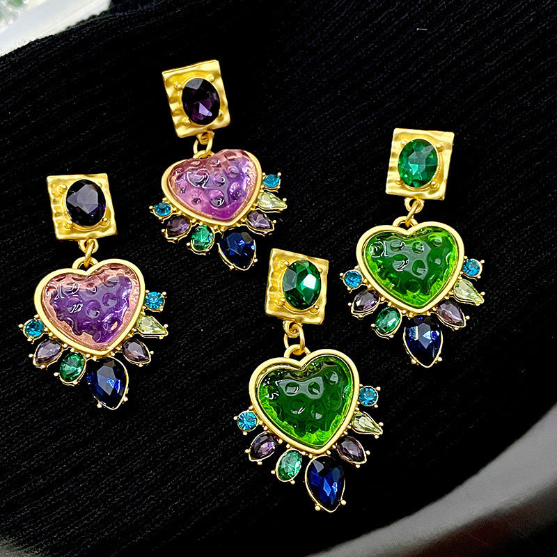 Vintage Heart-shaped Glass Stud Earrings Mixed Color-Jewearrings