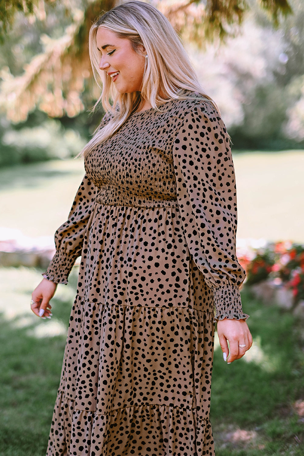 Plus Size Animal Print Smocked Tiered Dress-Jewearrings