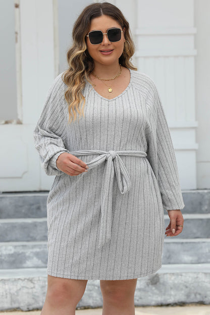 Plus Size Ribbed Tie Front Long Sleeve Sweater Dress-Jewearrings