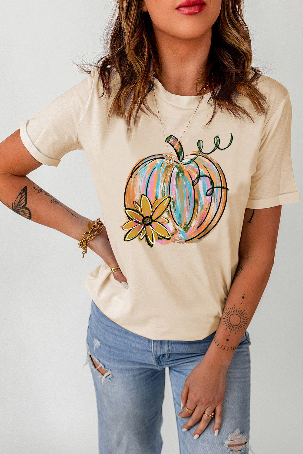 Pumpkin Graphic Round Neck T-Shirt-Jewearrings