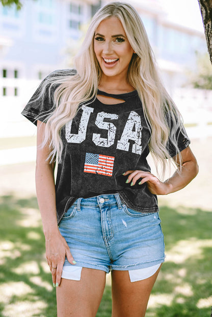 USA Cutout Round Neck Short Sleeve T-Shirt-Jewearrings