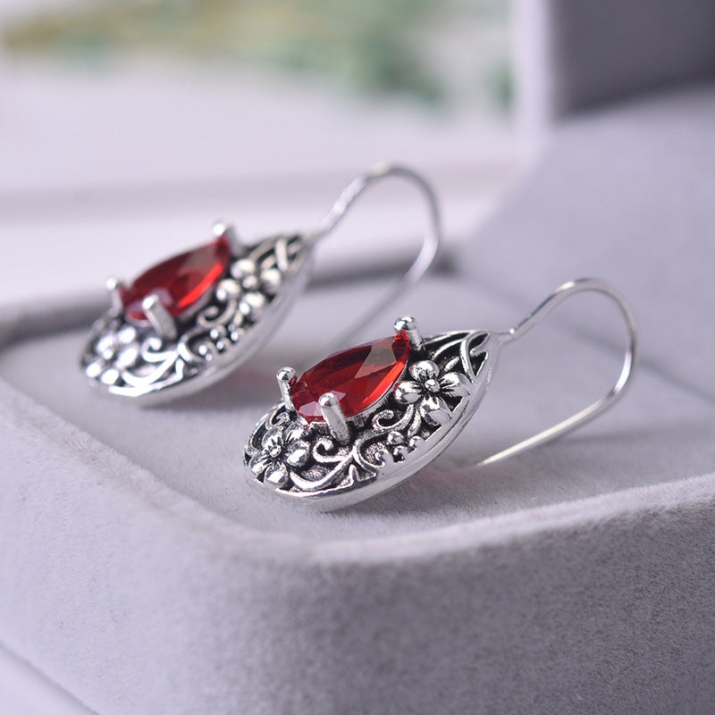 Water Drop Pear Shaped Vintage Earrings Silver Carved Ruby-Jewearrings