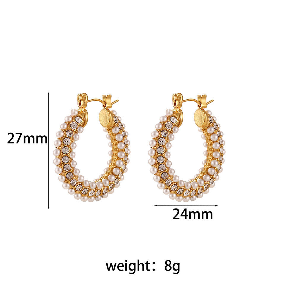 Stainless Steel Plated 18K Ring Set With Zircon Pearl Earrings For Women-Jewearrings