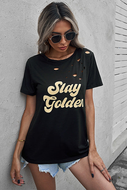 SLAY GOLDEN Distressed Round Neck Tee-Jewearrings