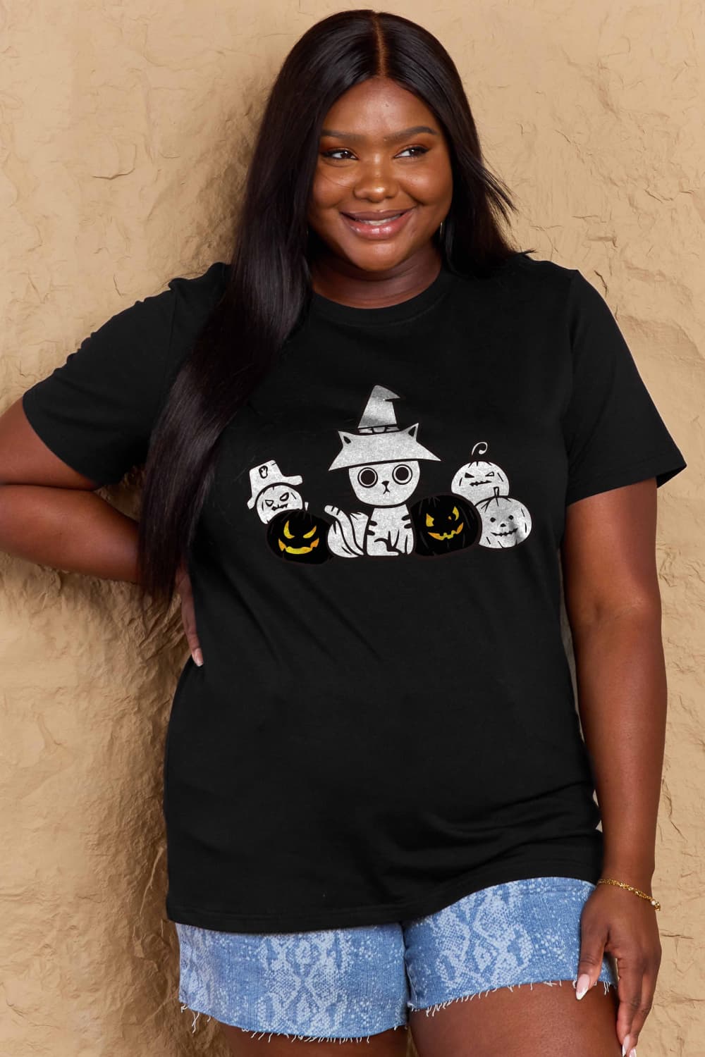 Simply Love Full Size Cat & Pumpkin Graphic Cotton T-Shirt-Jewearrings