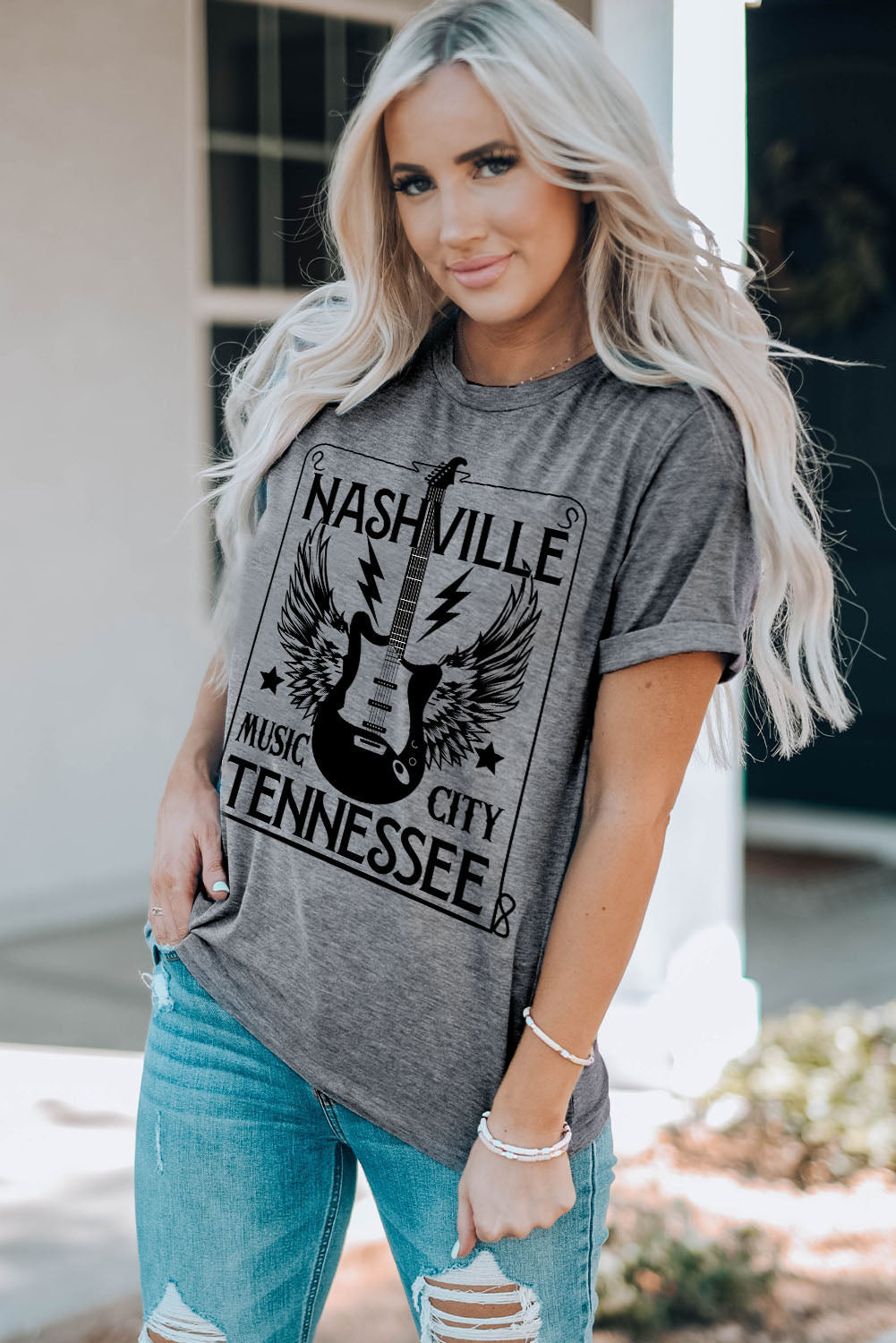 NASHVILLE TENNESSEE Cuffed Round-Neck Tee-Jewearrings