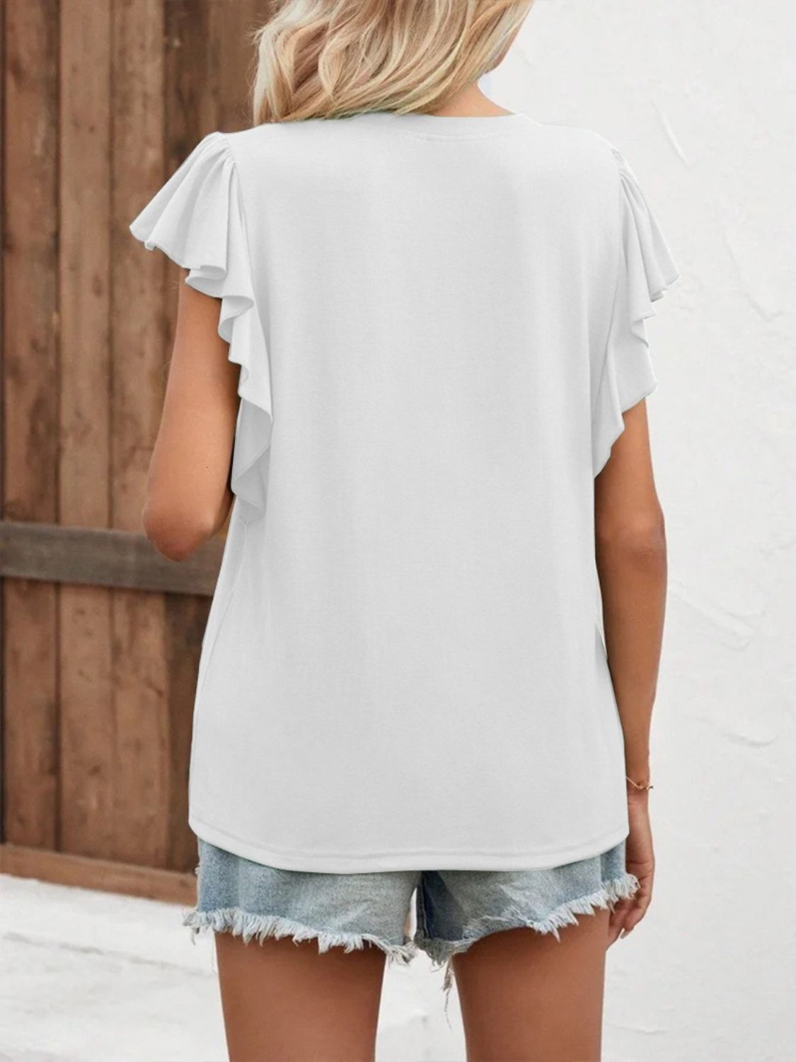 Full Size Ruffled Notched Cap Sleeve T-Shirt-Jewearrings