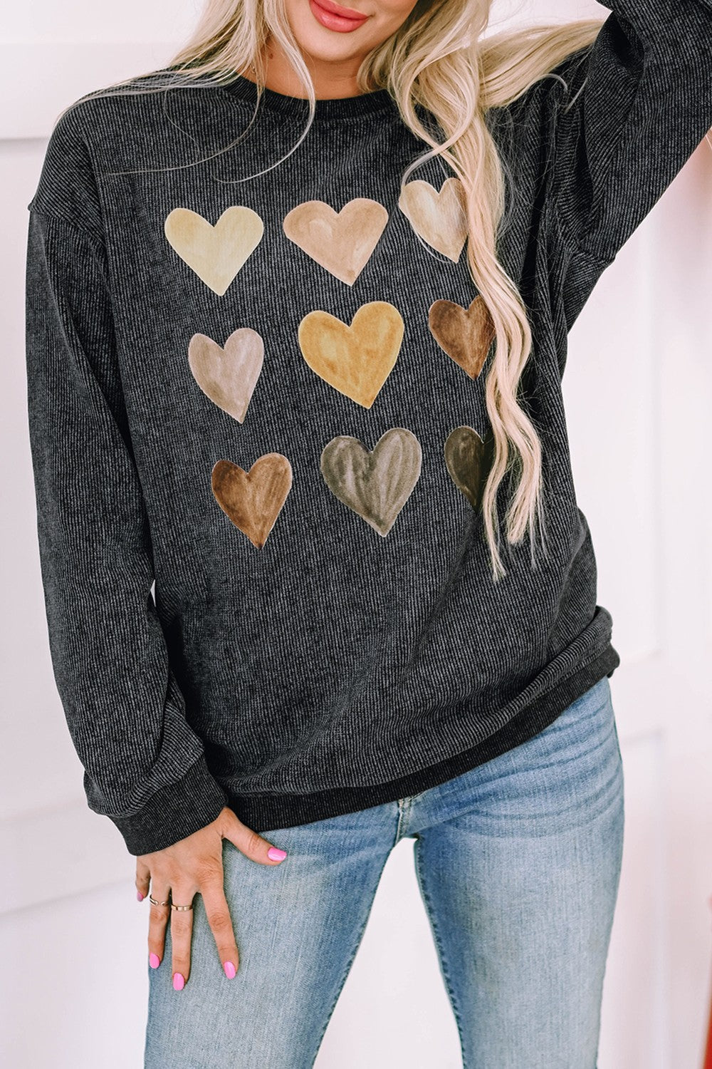 Heart Round Neck Dropped Shoulder Sweatshirt-Jewearrings