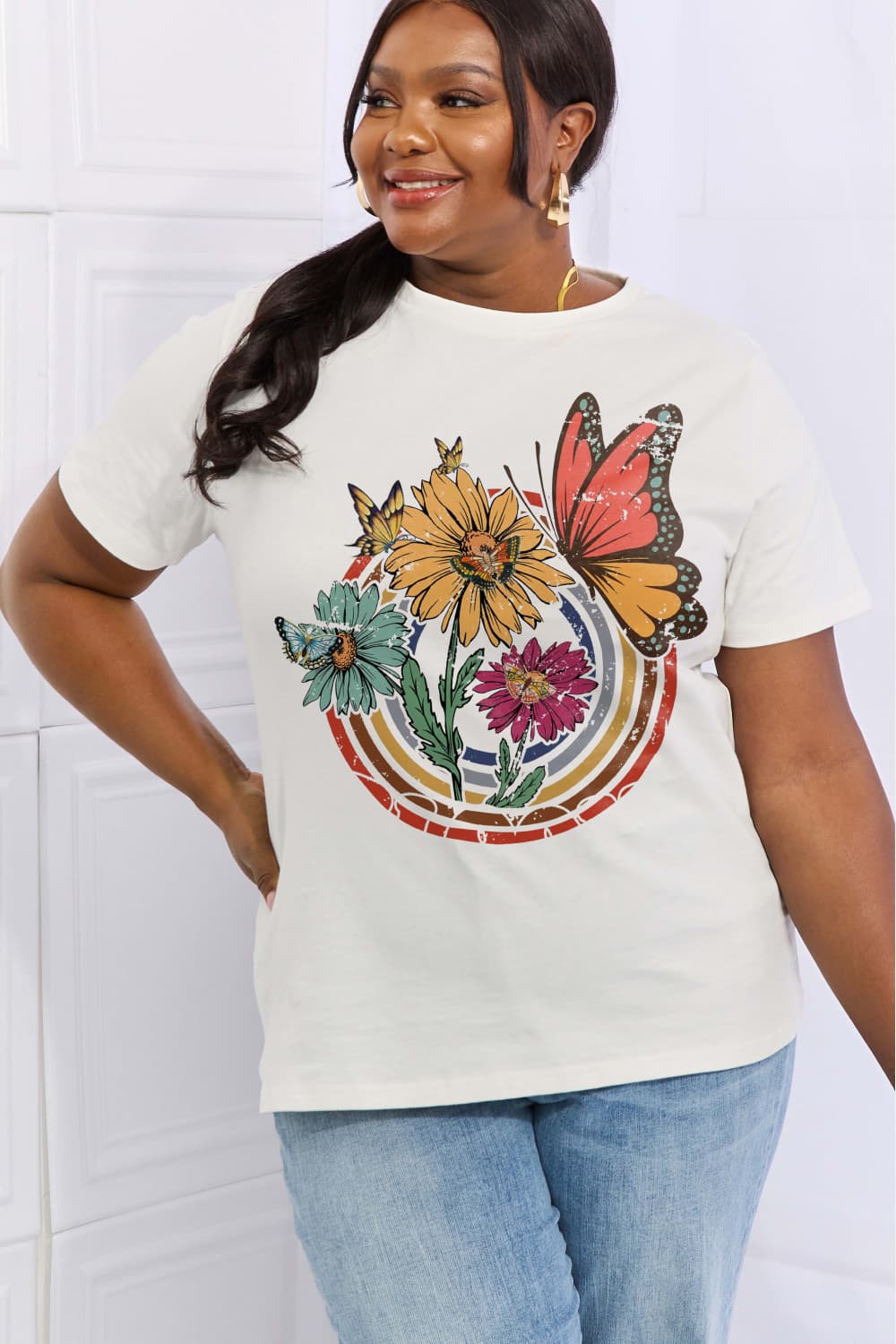 Simply Love Simply Love Full Size Flower & Butterfly Graphic Cotton Tee-Jewearrings