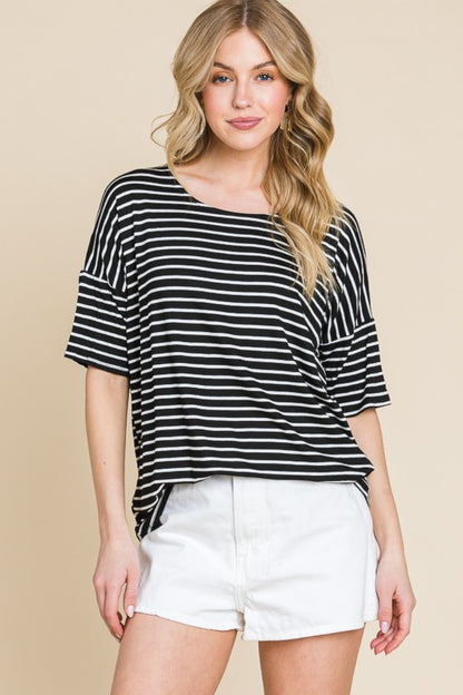 BOMBOM Striped Round Neck T-Shirt-Jewearrings