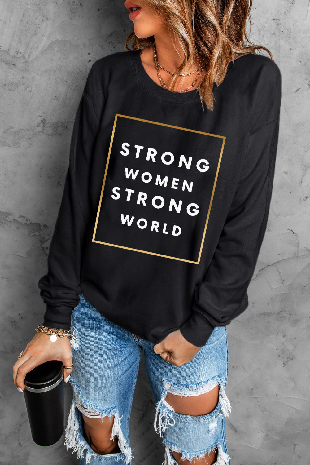 STRONG WOMEN STRONG WORLD Graphic Drop Shoulder Sweatshirt-Jewearrings