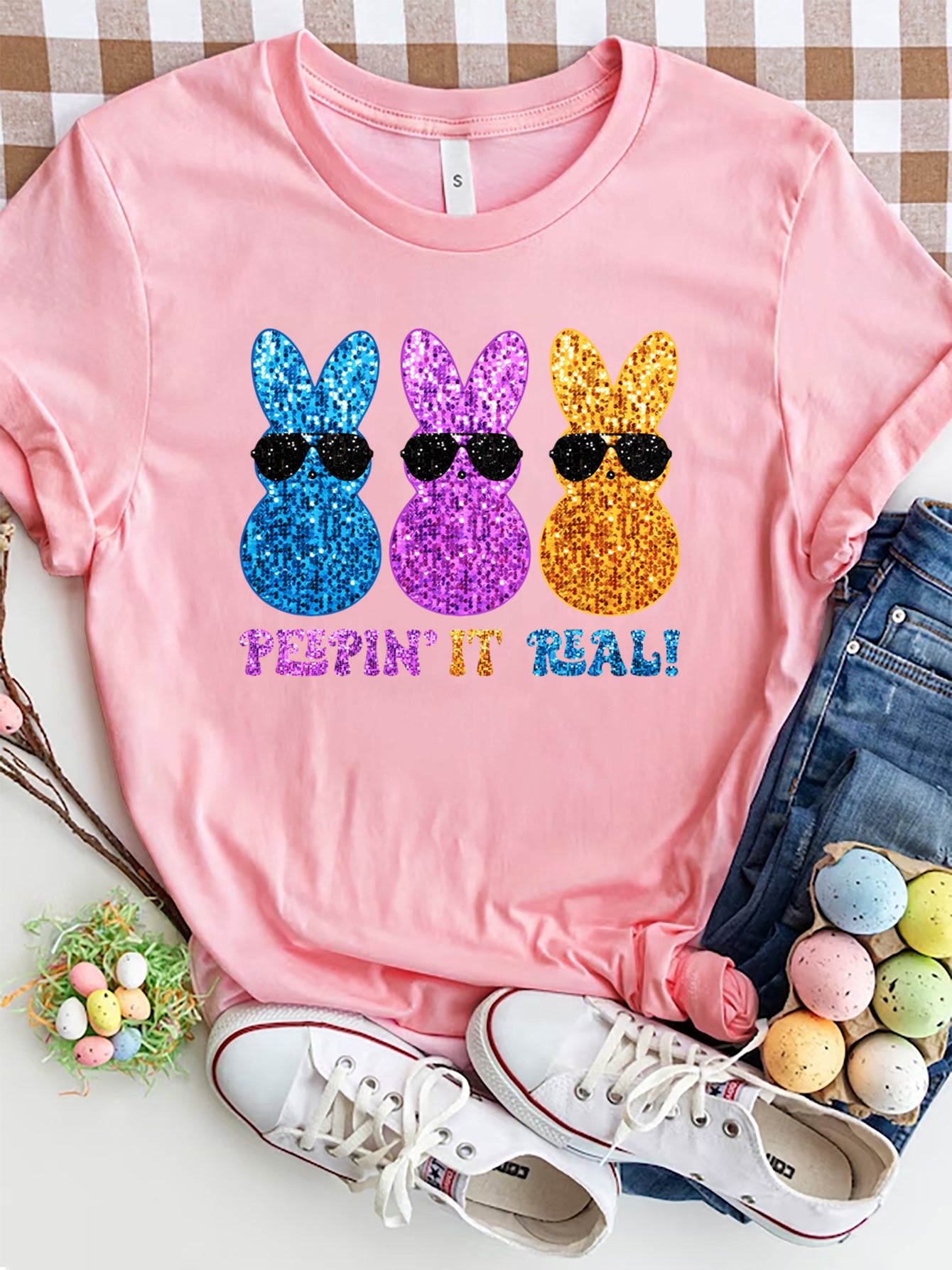 Sequin Rabbit Round Neck Short Sleeve T-Shirt-Jewearrings