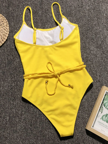 Ribbed Tie Waist One-Piece Swimsuit-Jewearrings