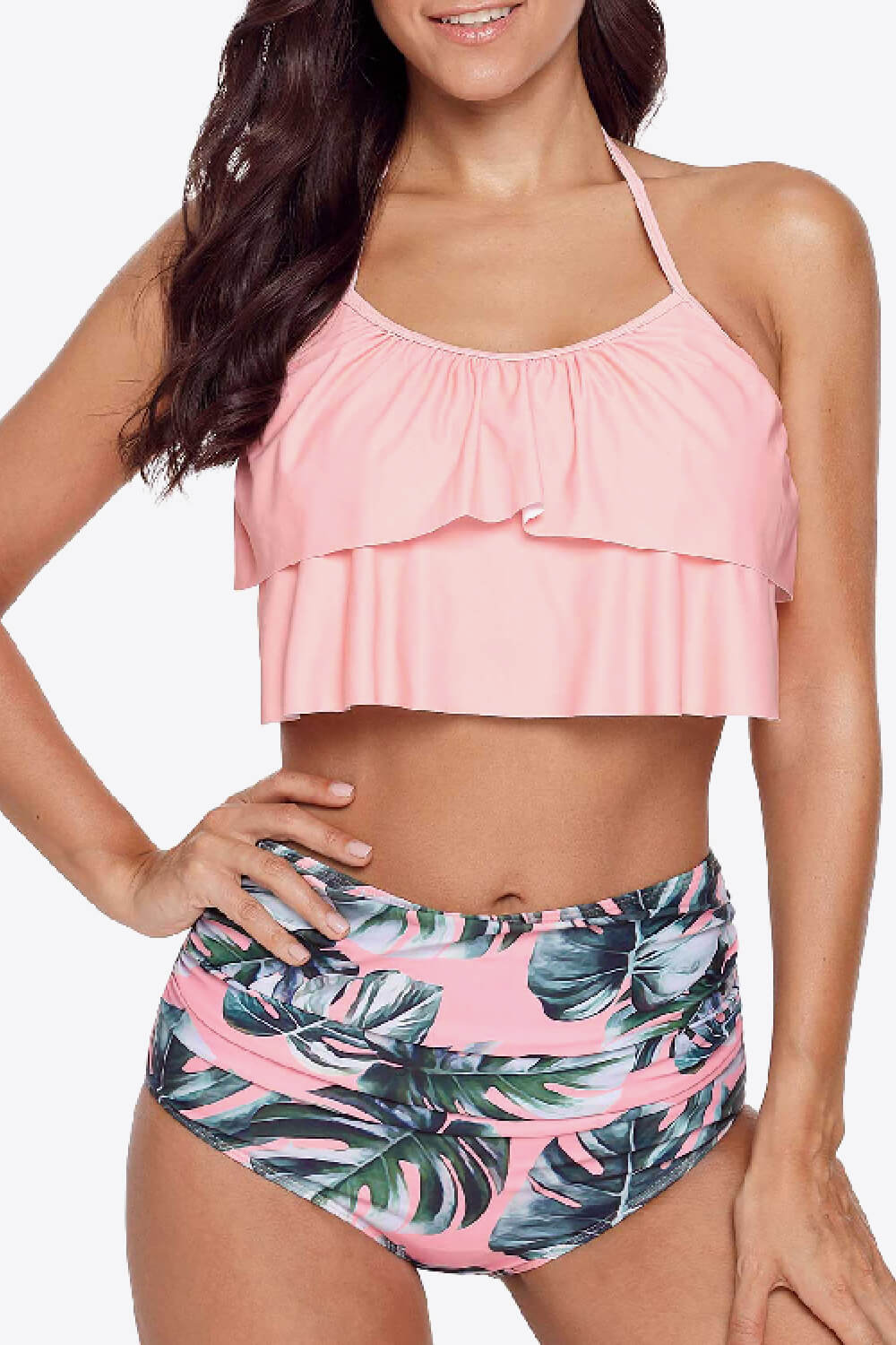 Halter Neck Tie Back Crop Swim Top and Botanical Print Swim Bottoms Set-Jewearrings