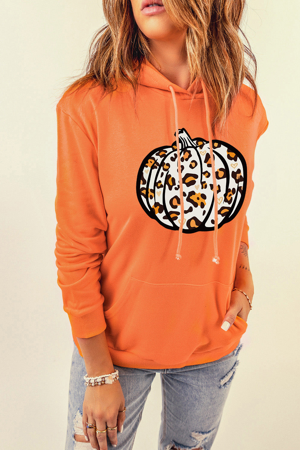 Leopard Pumpkin Graphic Hoodie with Pocket-Jewearrings