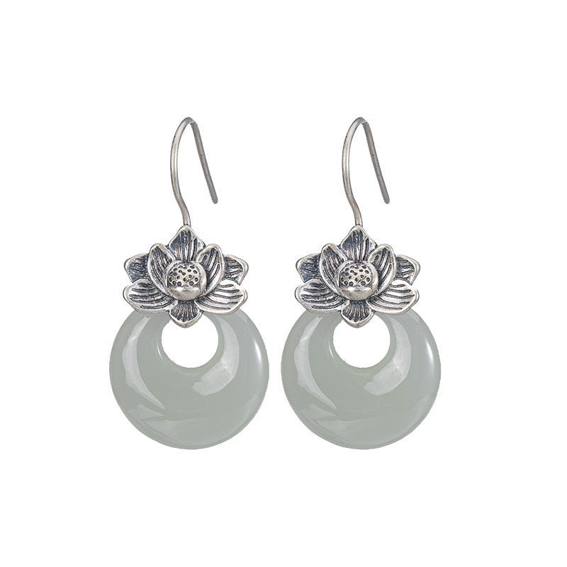 Silver Earrings Female Natural Hetian Jade Retro Personality Lotus-Jewearrings