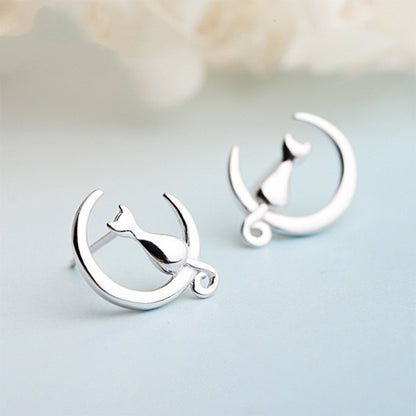 Moon Cat Sterling Silver Earrings Female-Jewearrings