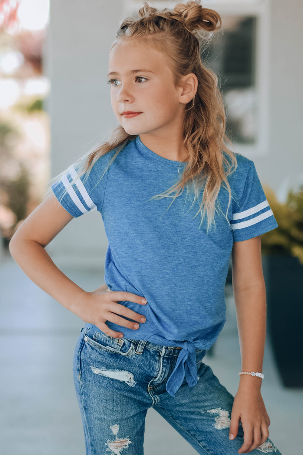 Girls Striped Tie Front T-Shirt-Jewearrings