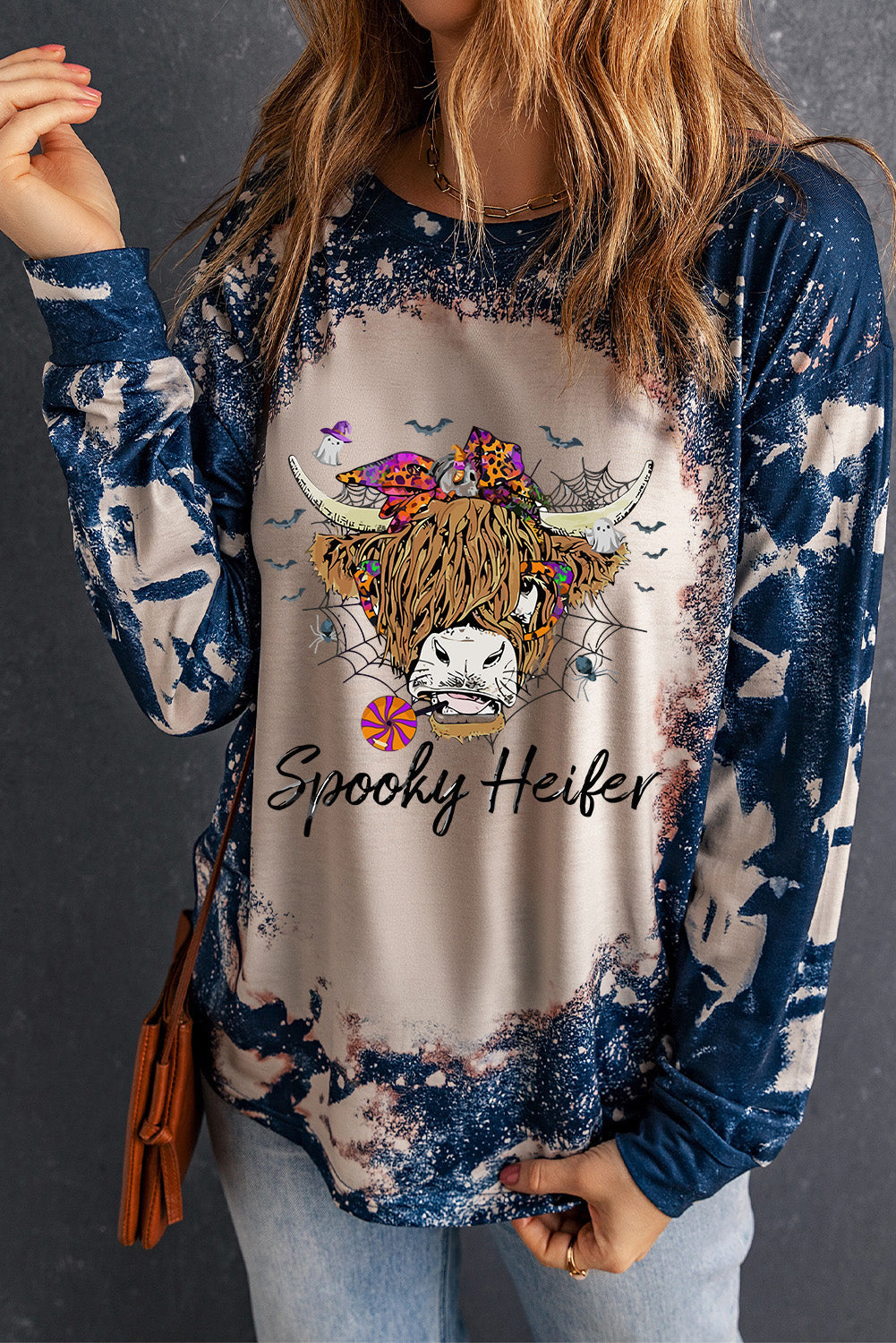 Round Neck Long Sleeve Printed SPOOKY HEIFER Graphic Tee-Jewearrings