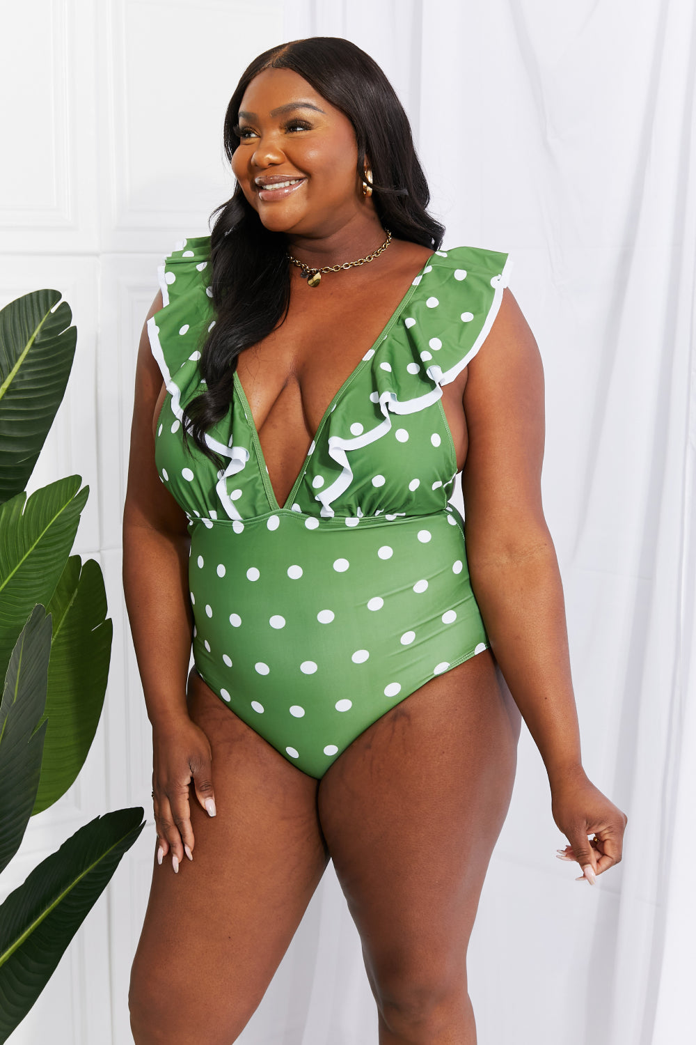 Marina West Swim Moonlit Dip Ruffle Plunge Swimsuit in Mid Green-Jewearrings