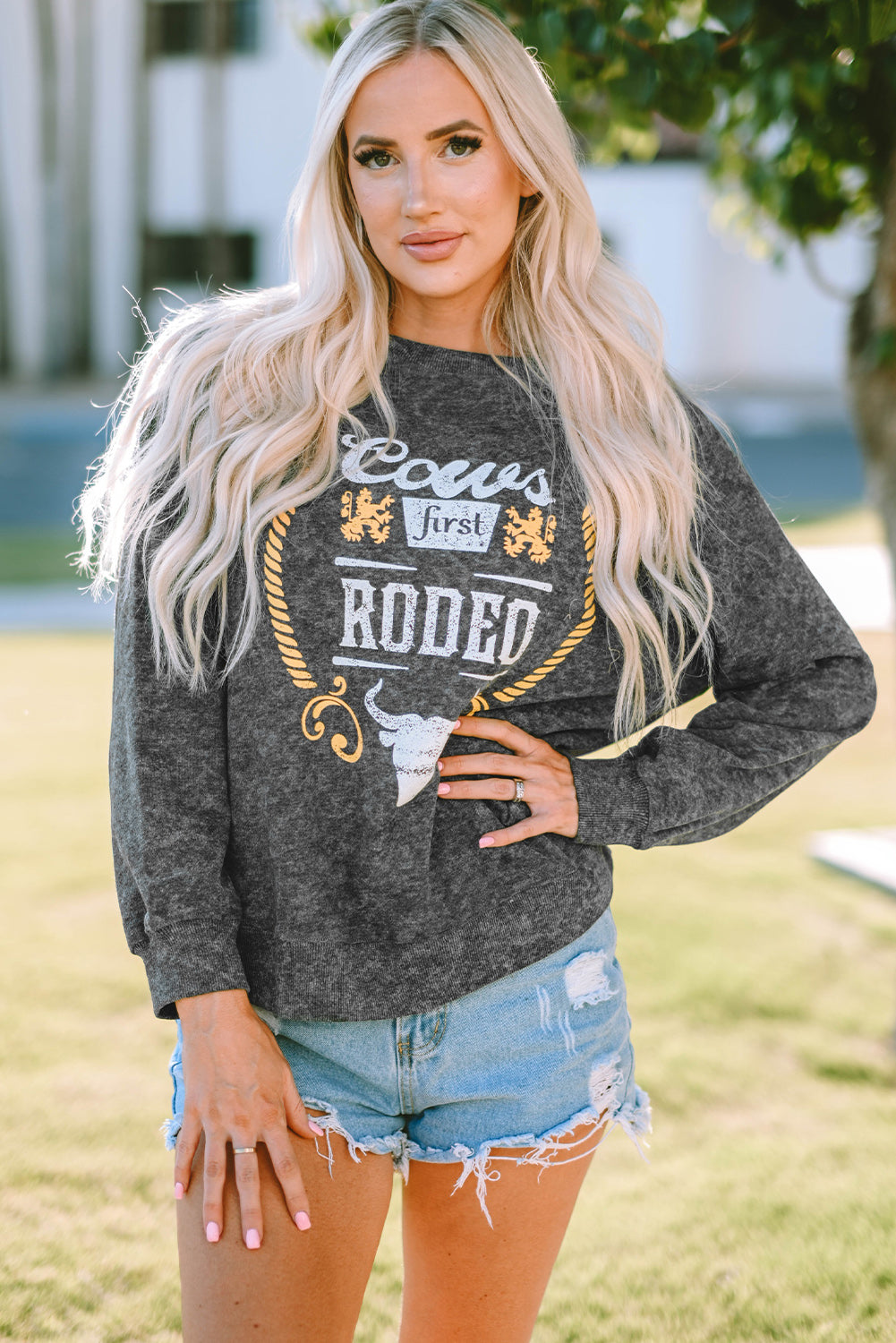 Mineral Washed COW'S FIRST RODEO Round Neck Raglan Sleeve Sweatshirt-Jewearrings