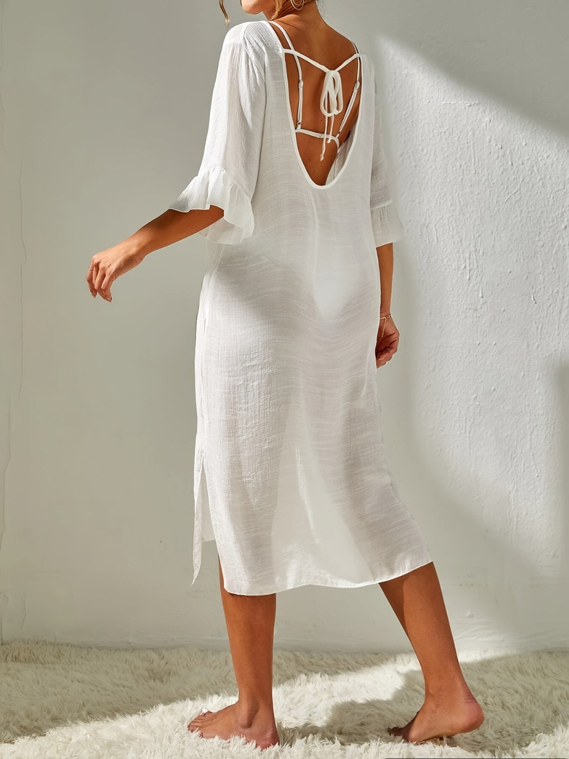 Slit V-Neck Flounce Sleeve Cover-Up-Jewearrings