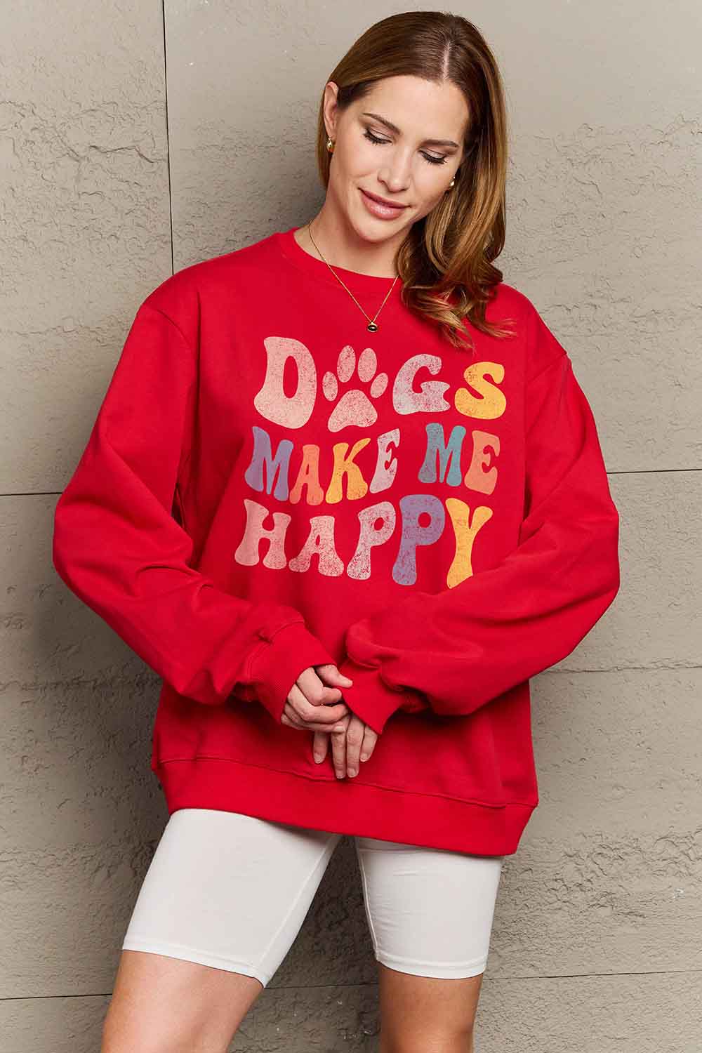 Simply Love Simply Love Full Size DOGS MAKE ME HAPPY Graphic Sweatshirt-Jewearrings