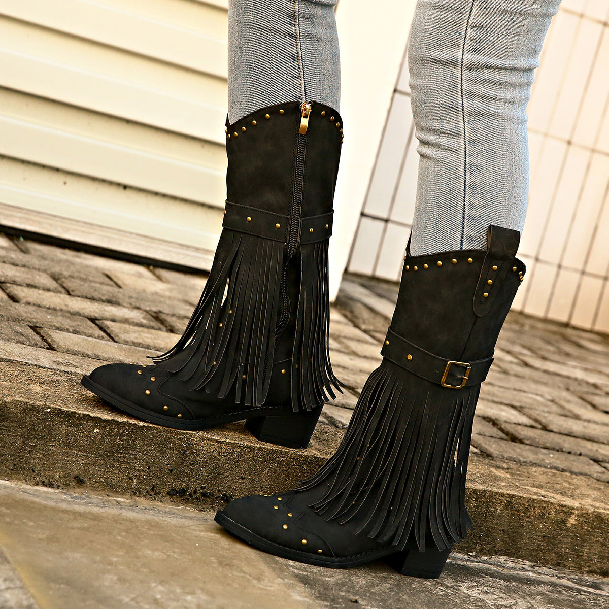 Studded Fringe Block Heel Boots-Jewearrings