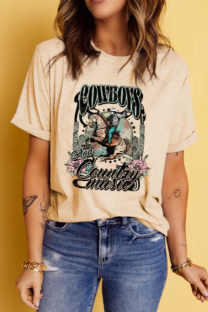 Short Sleeve Round Neck Cowboy Graphic Tee-Jewearrings