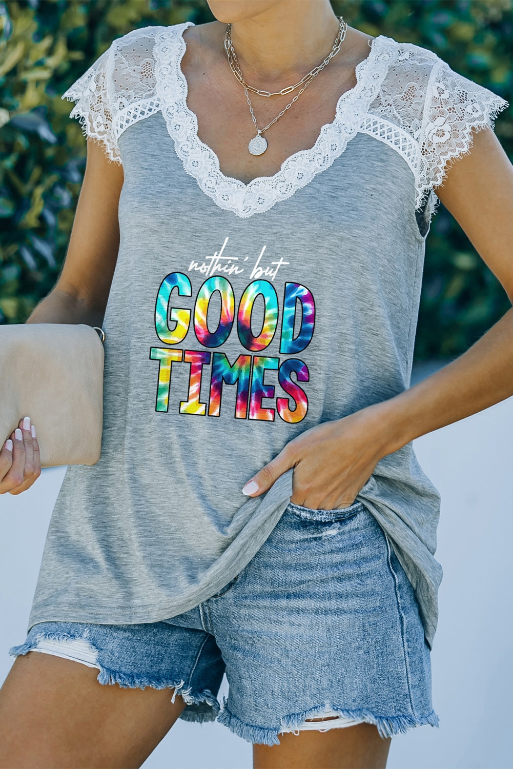 Lace Trim V-Neck NOTHIN BUT GOOD TIMES Graphic Tee-Jewearrings