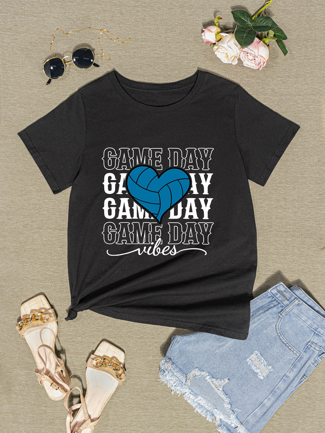 GAME DAY VIBES Round Neck Short Sleeve T-Shirt-Jewearrings