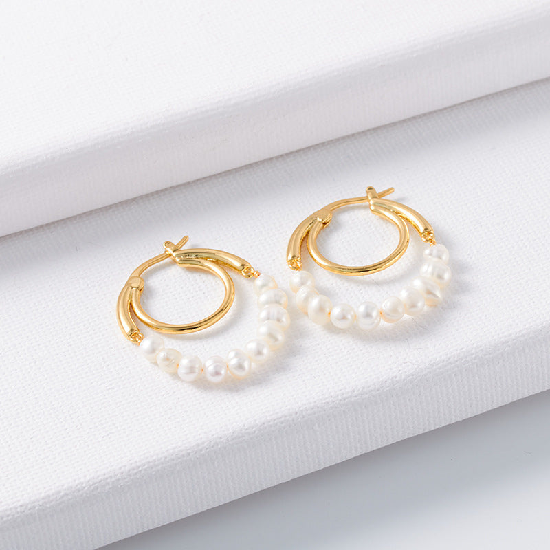 Women's Natural Pearl Ring Earrings-Jewearrings