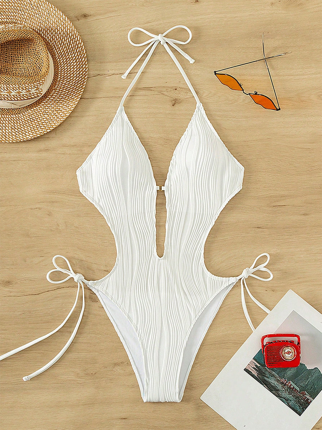 Textured Cutout Tied One-Piece Swimwear-Jewearrings