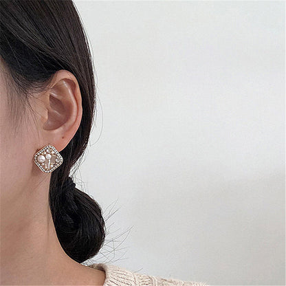 Korean Retro Court Style Rhinestone Square Geometric Stud Earrings-Jewearrings