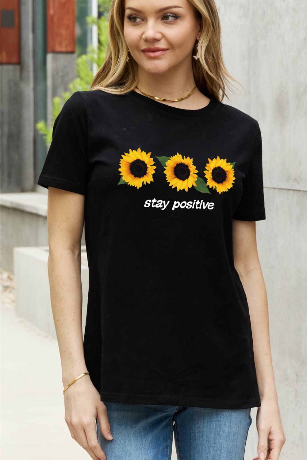 Simply Love Full Size STAY POSITIVE Sunflower Graphic Cotton Tee-Jewearrings